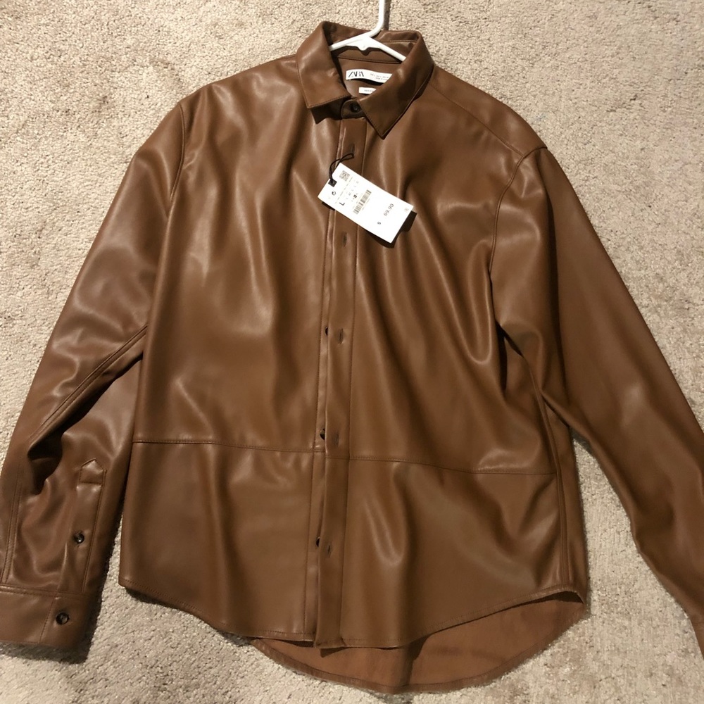 Zara brown faux leather button up shirt